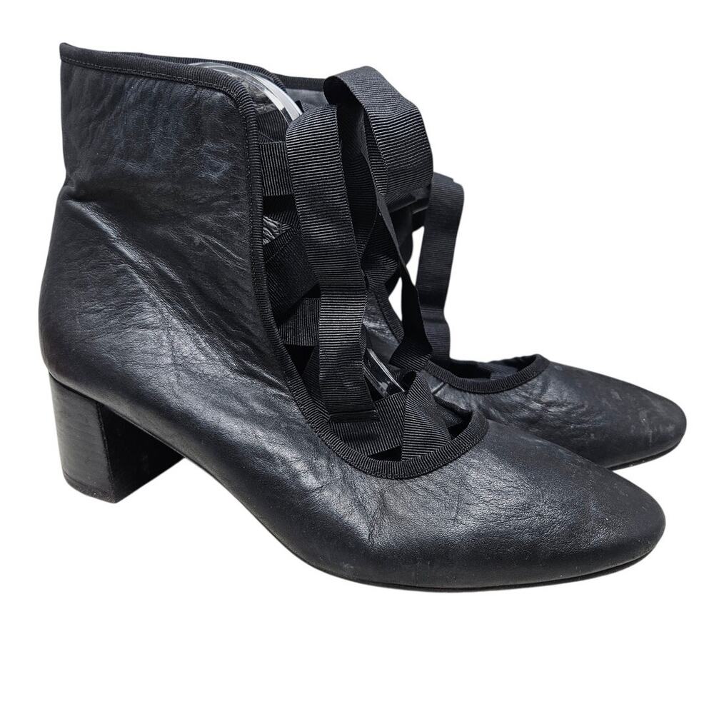 Women’s Black Lace-Up Ankle Booties - Leather Block Heel Size 40